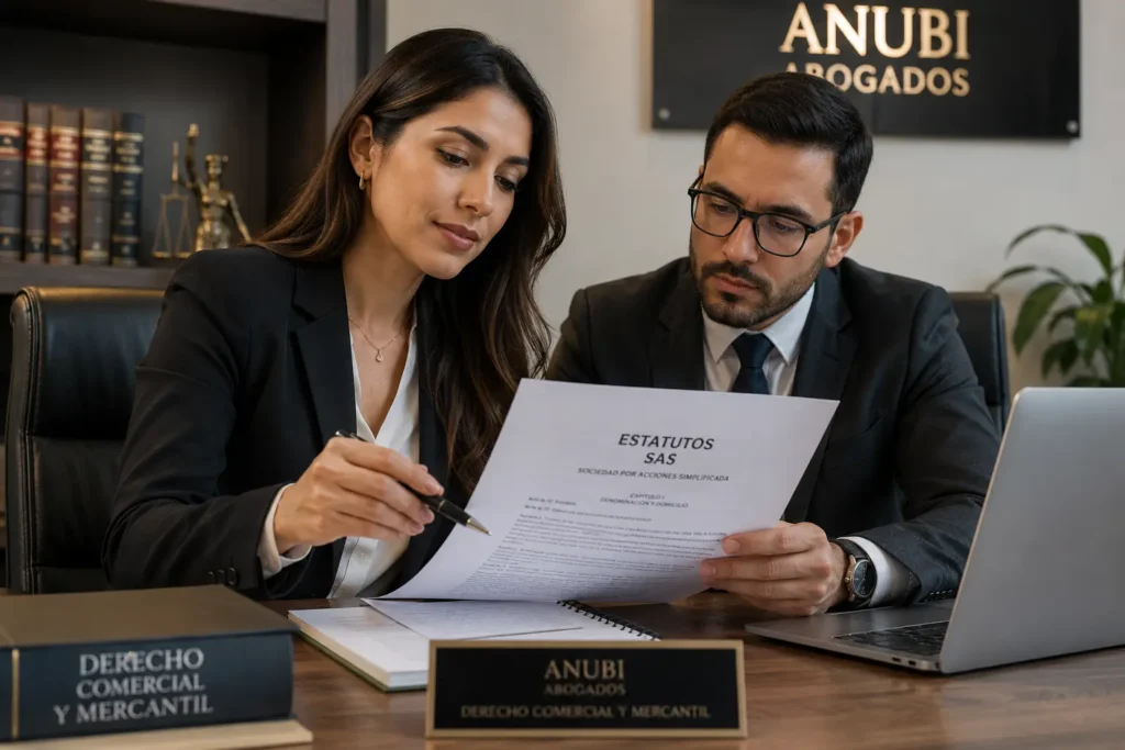 Abogados especialistas en derecho comercial y mercantil revisando estatutos de SAS · ANUBI