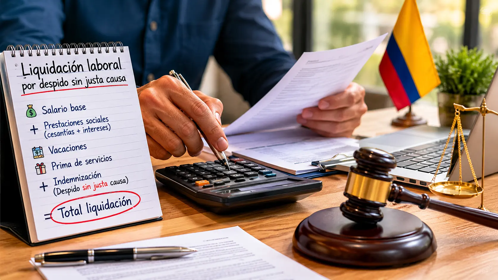 Fórmula de cálculo de liquidación laboral por despido sin justa causa en Colombia - Cesantías, prima, vacaciones e indemnización