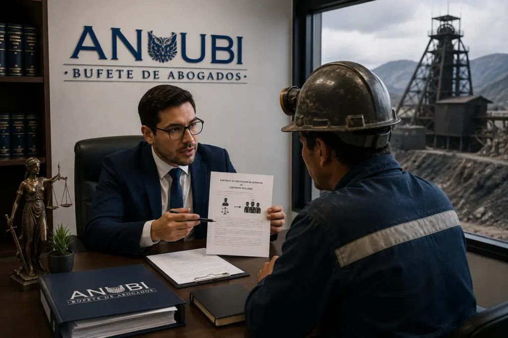 Abogado laboral ANUBI explicando contrato realidad a trabajador minero de Boyaca