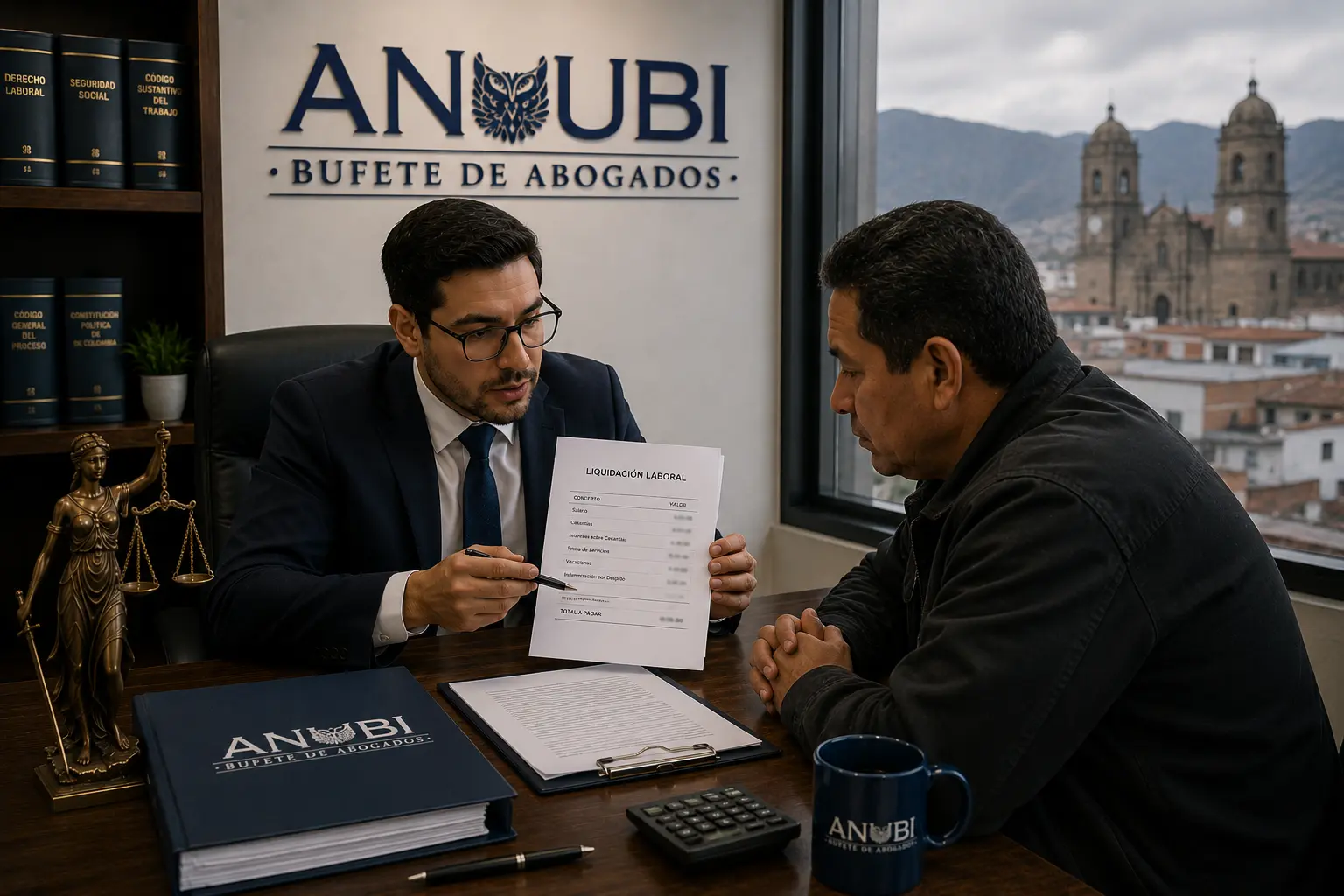 Abogado laboral en Sogamoso revisando documentos de liquidación con trabajador despedido