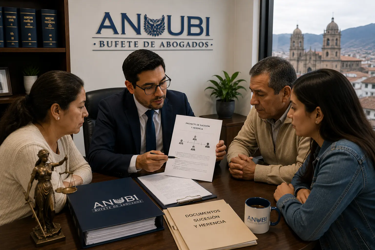 Abogado revisando documentos de sucesión y herencia con familia en oficina de Sogamoso Boyacá