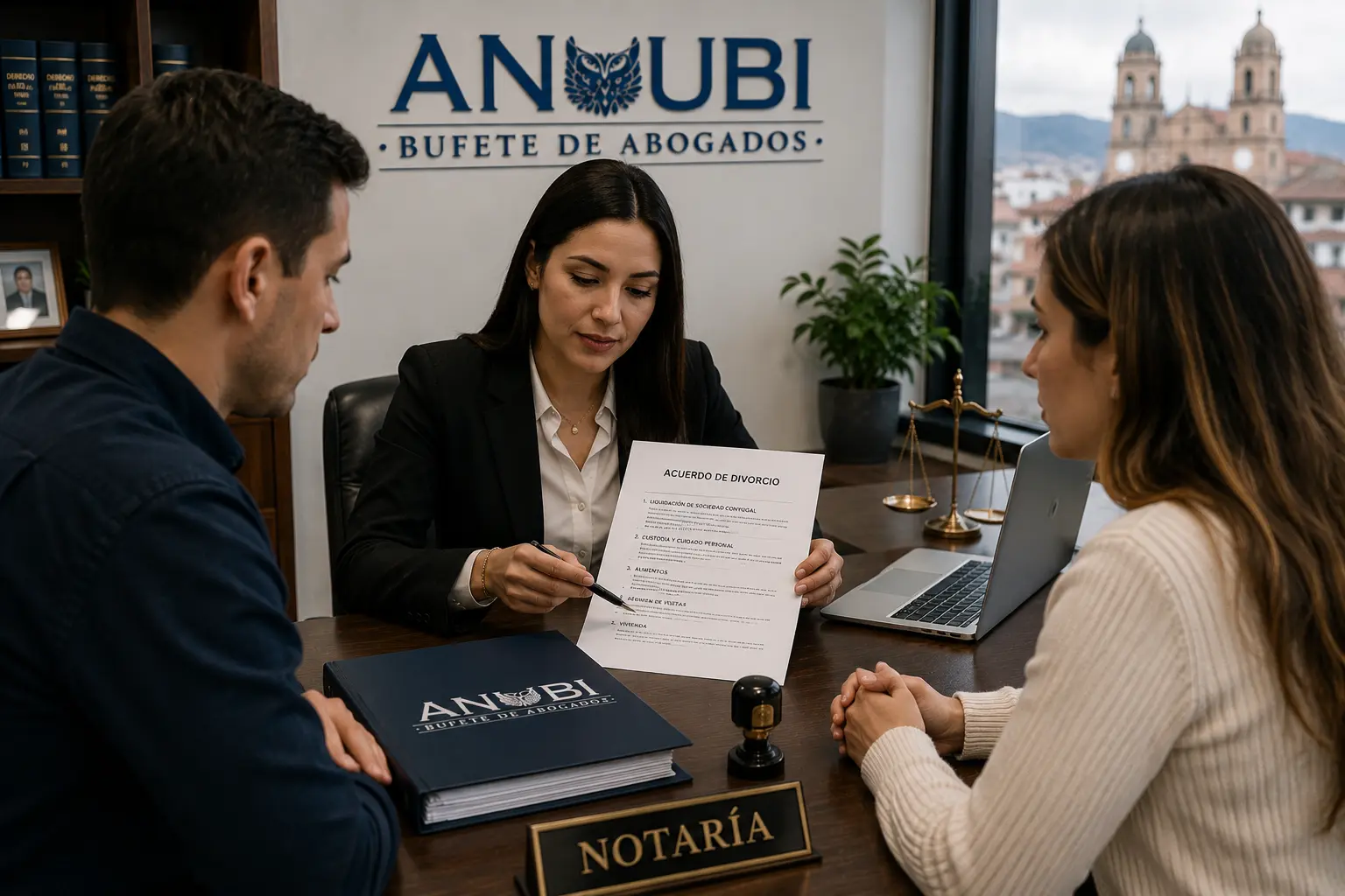 Abogada revisando acuerdo de divorcio ante notaría en Colombia — consulta sobre cuánto cuesta un divorcio