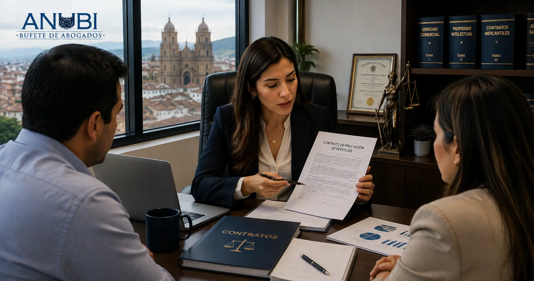 Abogada comercial en Sogamoso asesorando a una empresa sobre contratos y registro de marca.