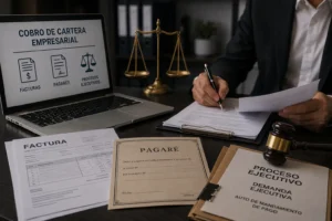 Cobro de cartera empresarial en Colombia mediante facturas, pagarés y procesos ejecutivos.