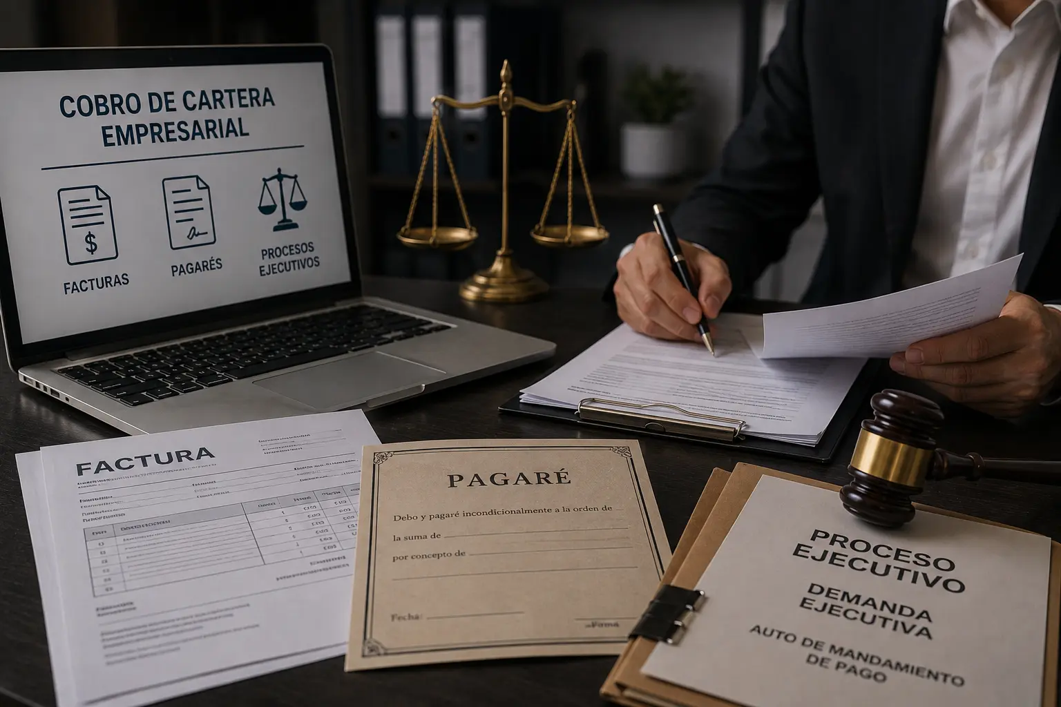 Cobro de cartera empresarial en Colombia mediante facturas, pagarés y procesos ejecutivos.